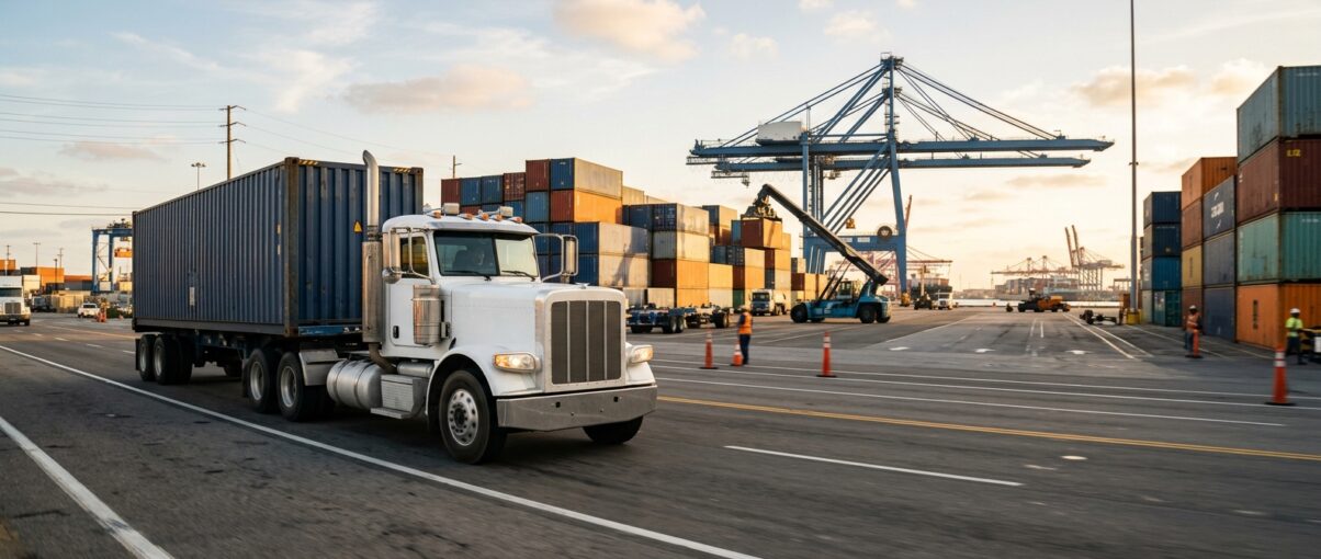Drayage truck hauling a 40-foot container through a port terminal